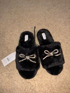 Black Faux Fur Slide Slippers with Crystal Bow Accent
